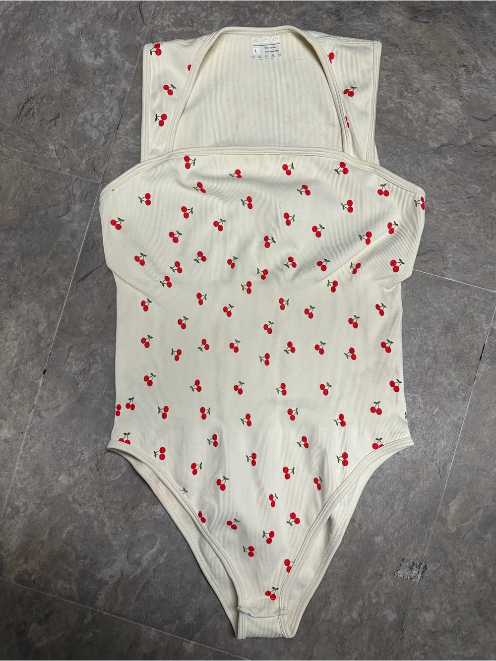 Cream Cherry-Print Ribbed Bodysuit